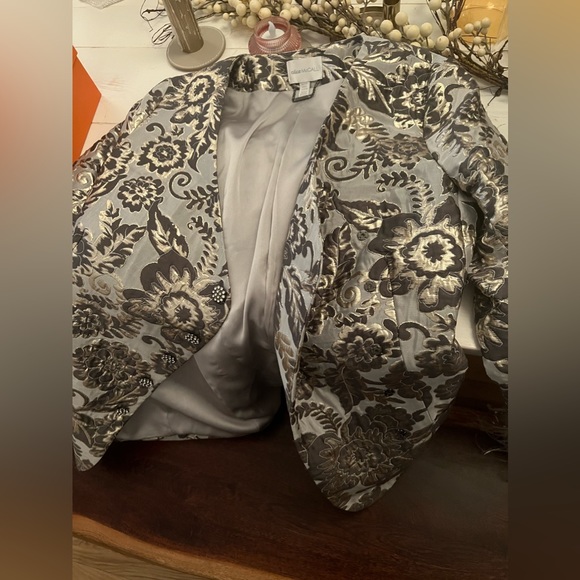 Alice McCall jacquard gray/silver blazer jacket w/ ostrich feather sleeve - US 6 - Picture 6 of 12